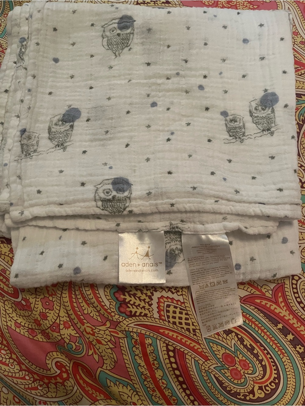 aden + anais White Muslin Swaddle with Blue Owl Print